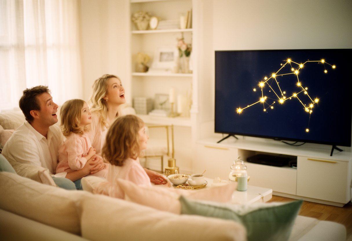 A family watching a golden constellation form on their TV