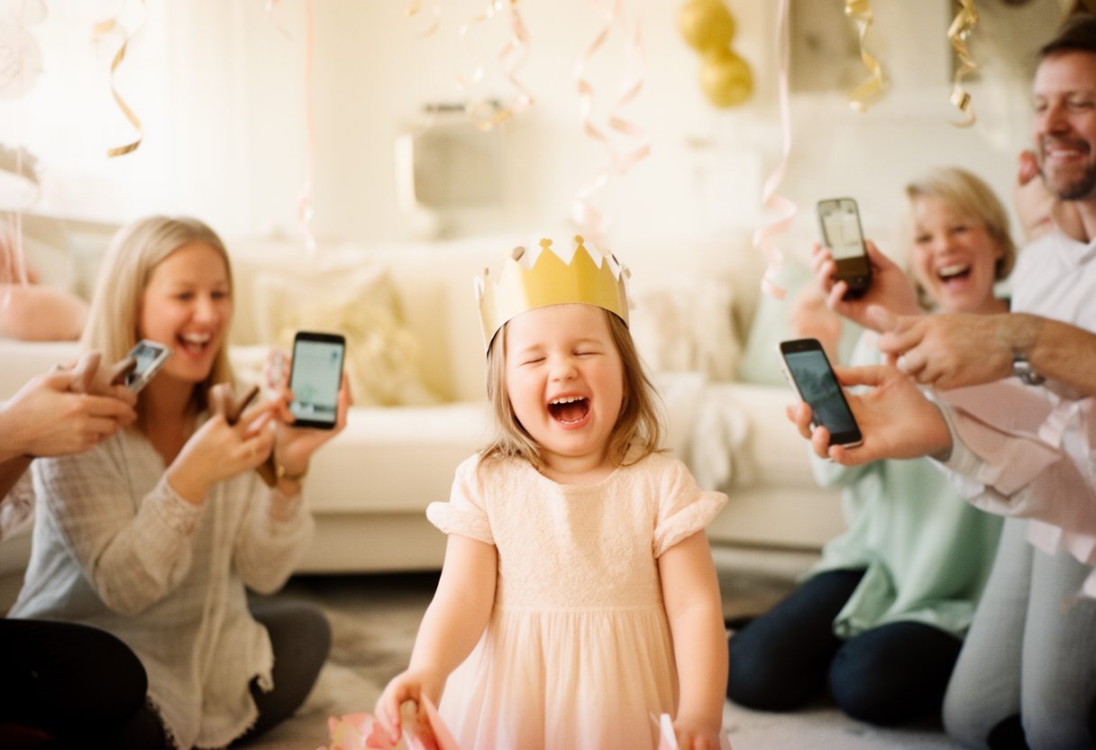 A child in a gold paper crown as family votes on their phones
