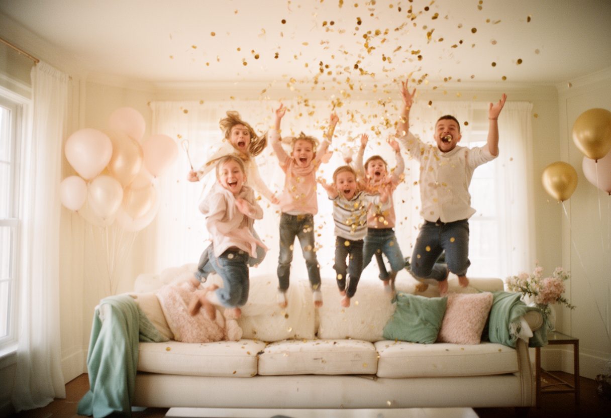 A family jumping in triumph as the TV bursts with confetti