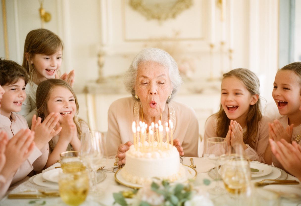 Grandmother blowing out candles with grandchildren