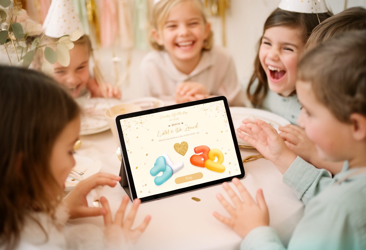 Kids around a tablet at the party table