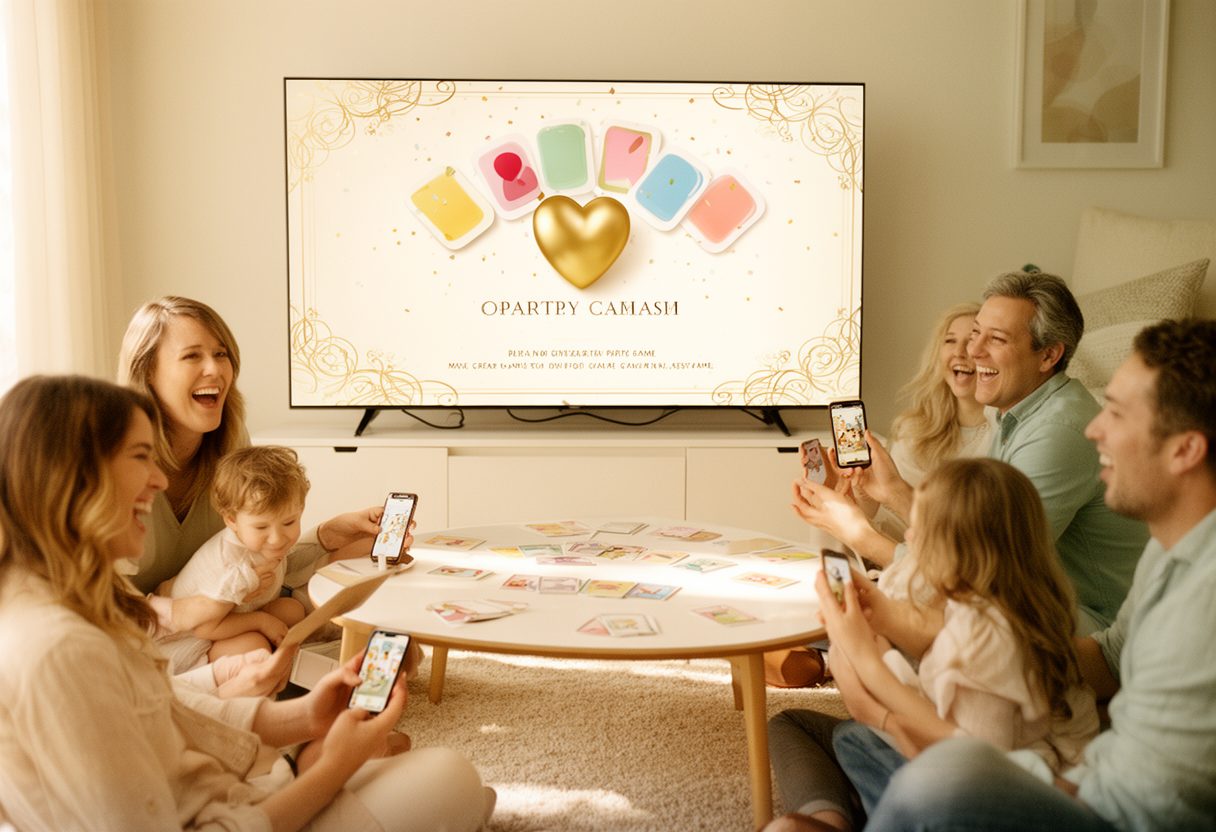 A family game night with the TV and phones showing the same game
