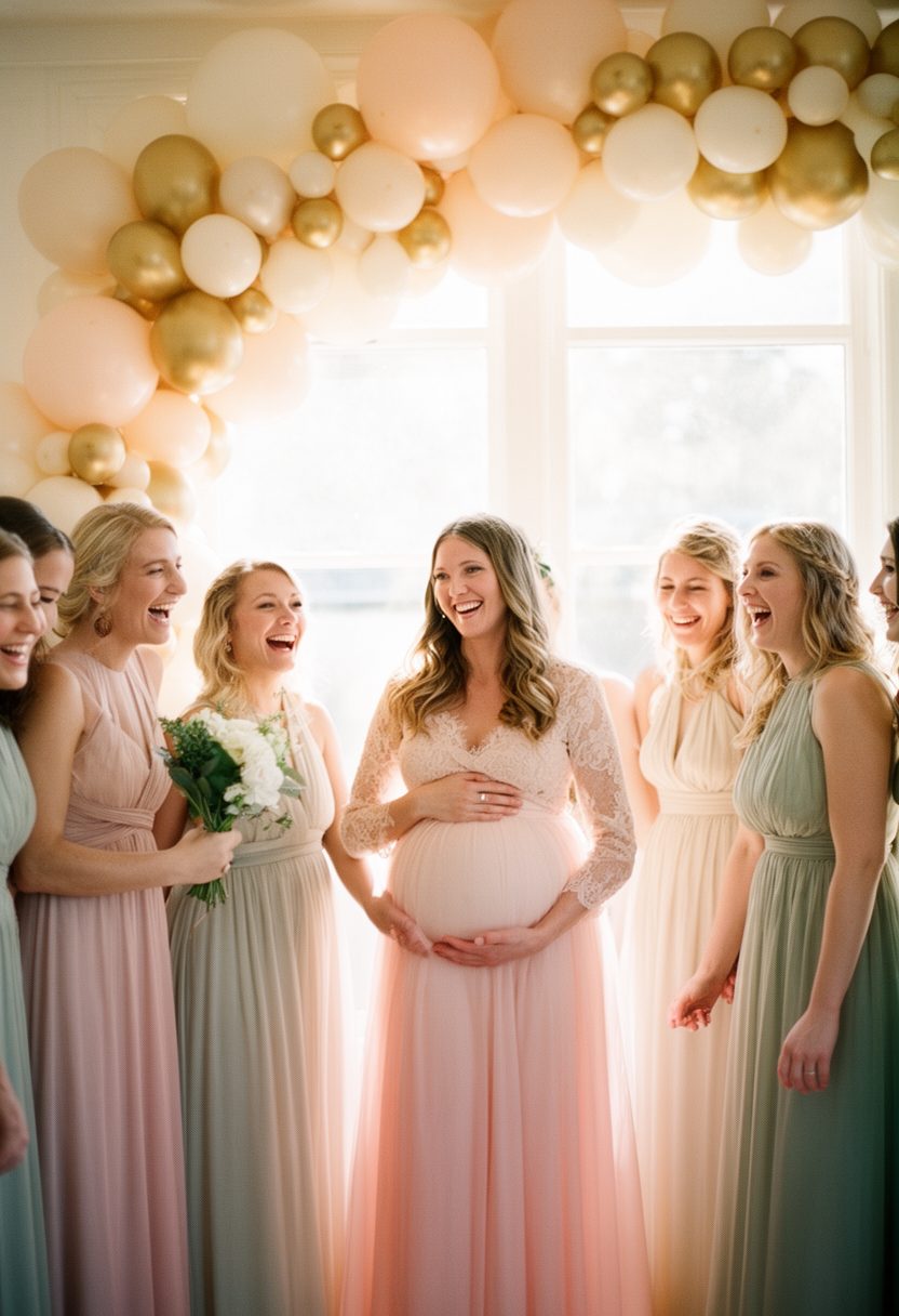 A mother-to-be under a balloon arch