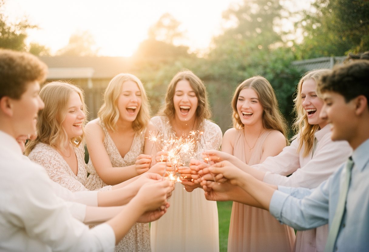 Teenagers holding sparklers at golden hour
