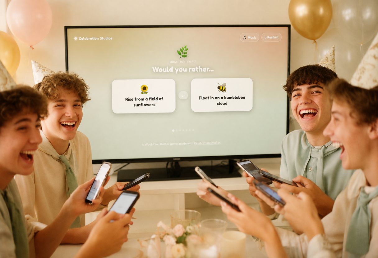 Teens playing a game show with phones as buzzers