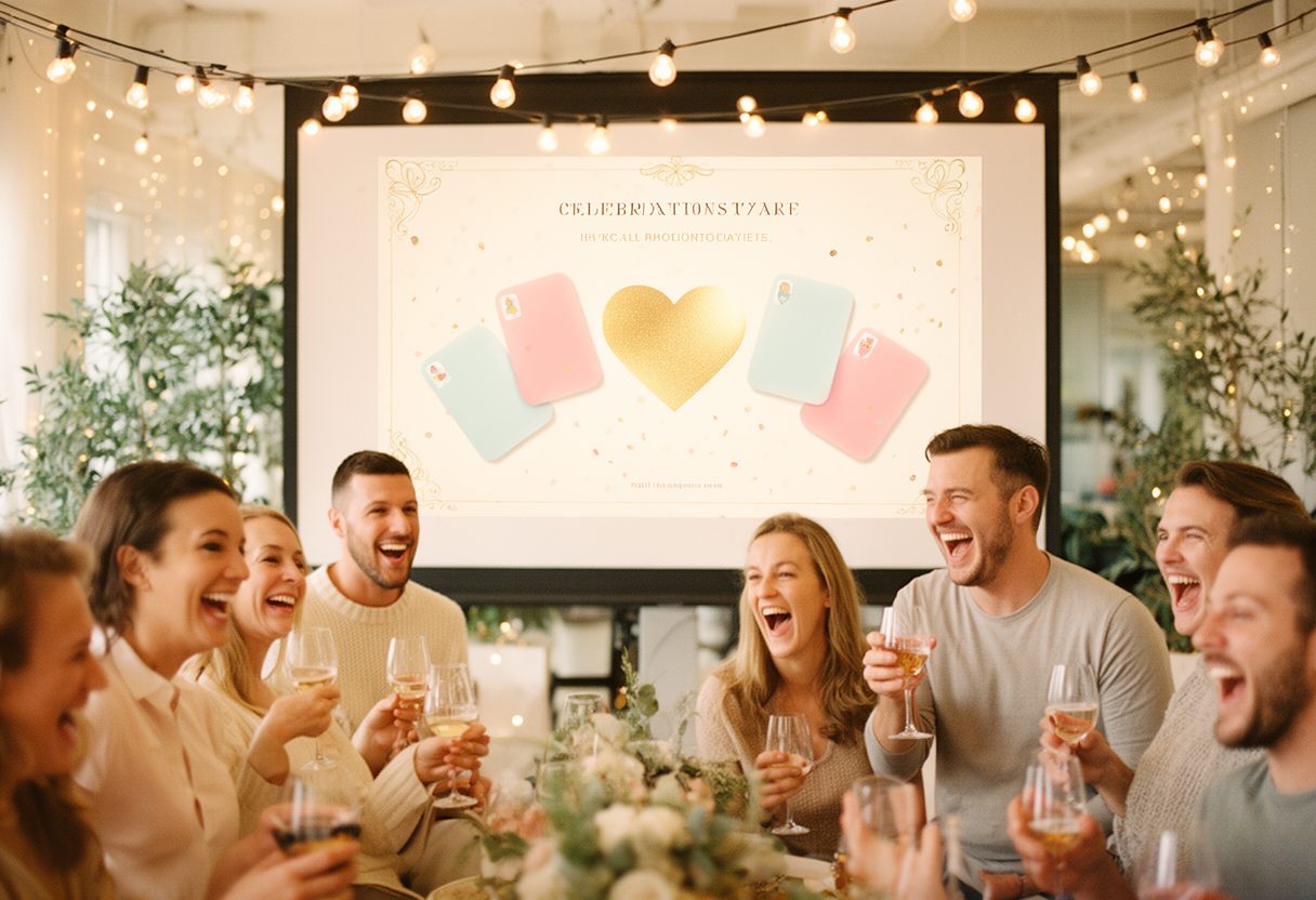 Coworkers at an office holiday party gathered around a screen